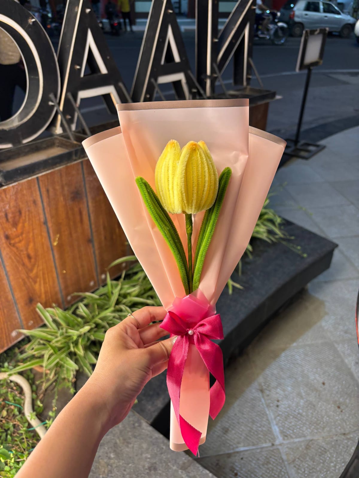 Bouquet of yellow tulips with a pink ribbon held by a hand outdoors.